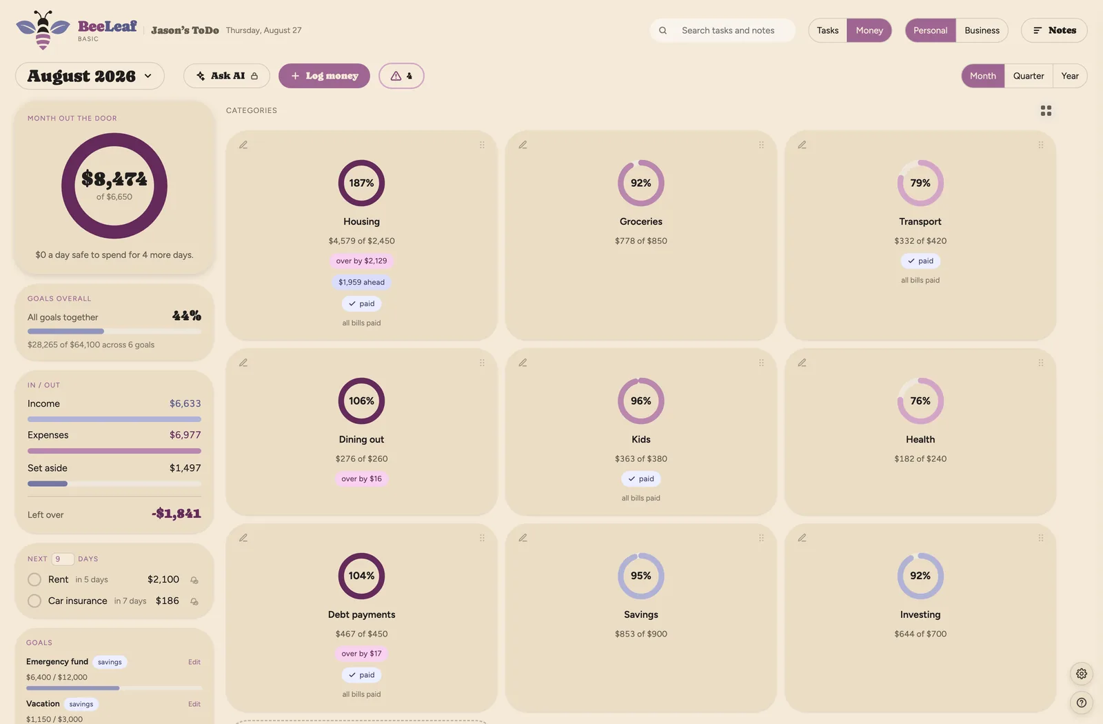 BeeLeaf Money dashboard in the Plum theme