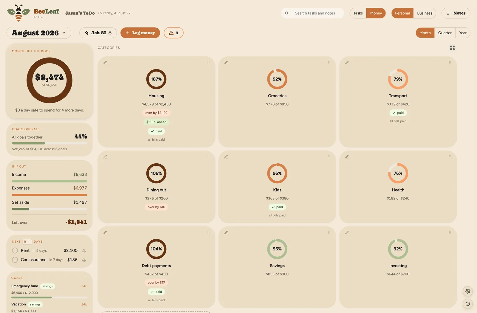 BeeLeaf Money dashboard in the Honey theme
