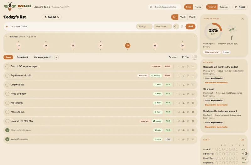 The BeeLeaf task dashboard: the week's list, priorities, due dates and progress