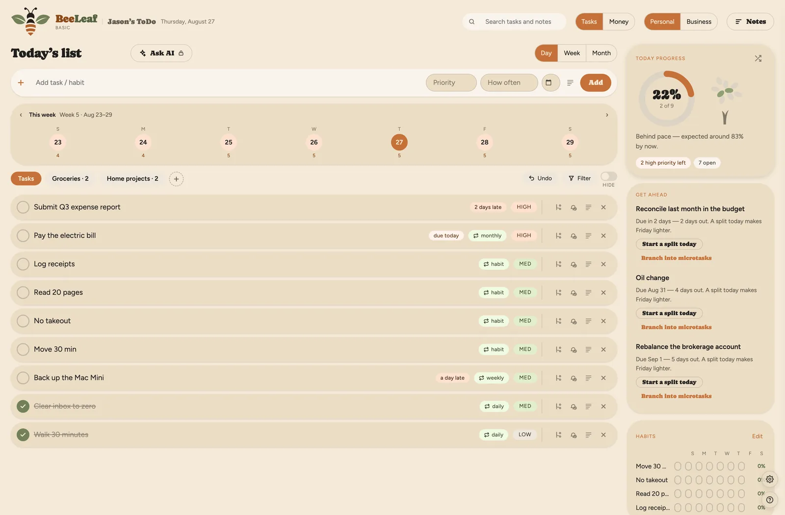 BeeLeaf Tasks dashboard in the Honey theme