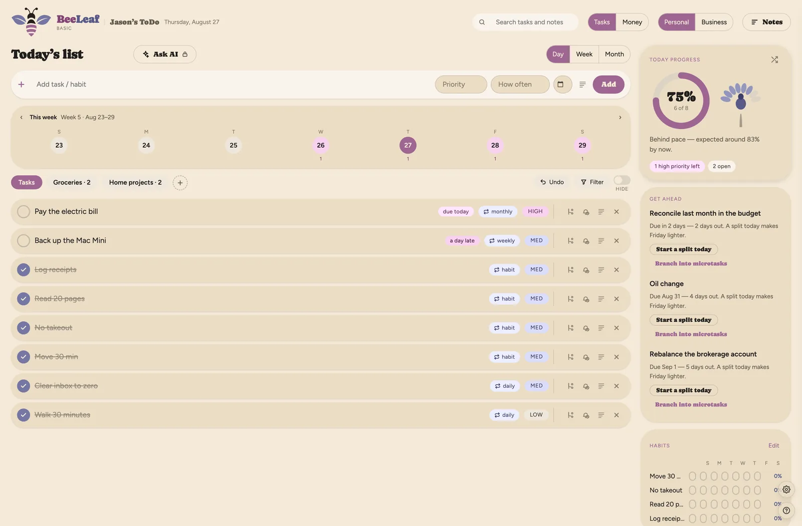 BeeLeaf Tasks dashboard in the Plum theme