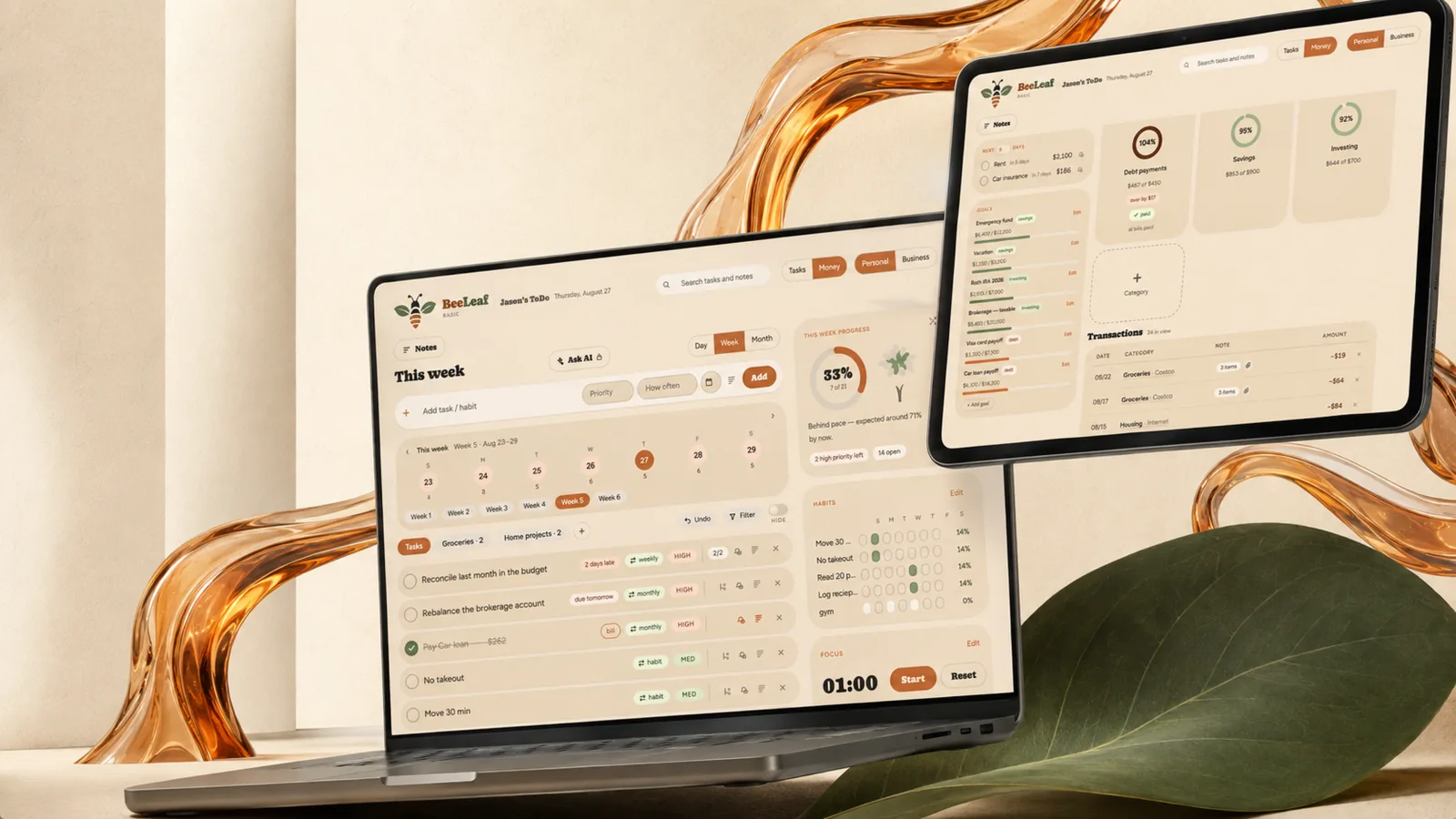 BeeLeaf Tasks dashboard with weekly calendar, task rows, and habit tracker