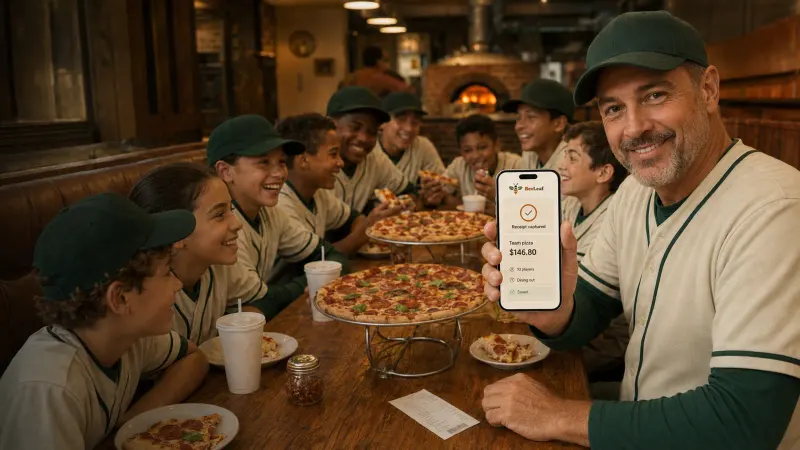 A coach photographing a team pizza receipt into BeeLeaf at the table